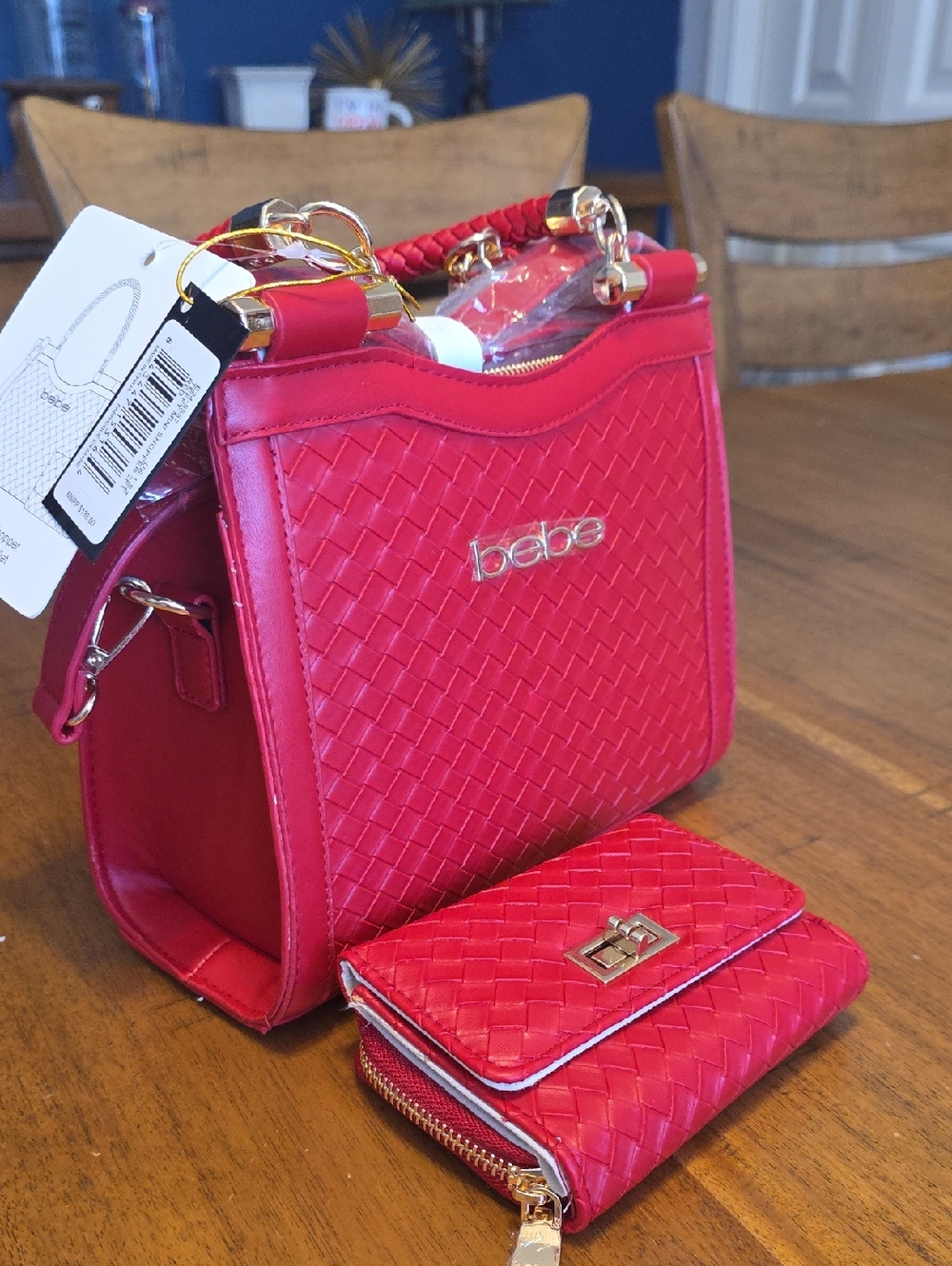 Bebe Red Woven Tote Handbag with Matching Wallet Nwt - Picture 14 of 16
